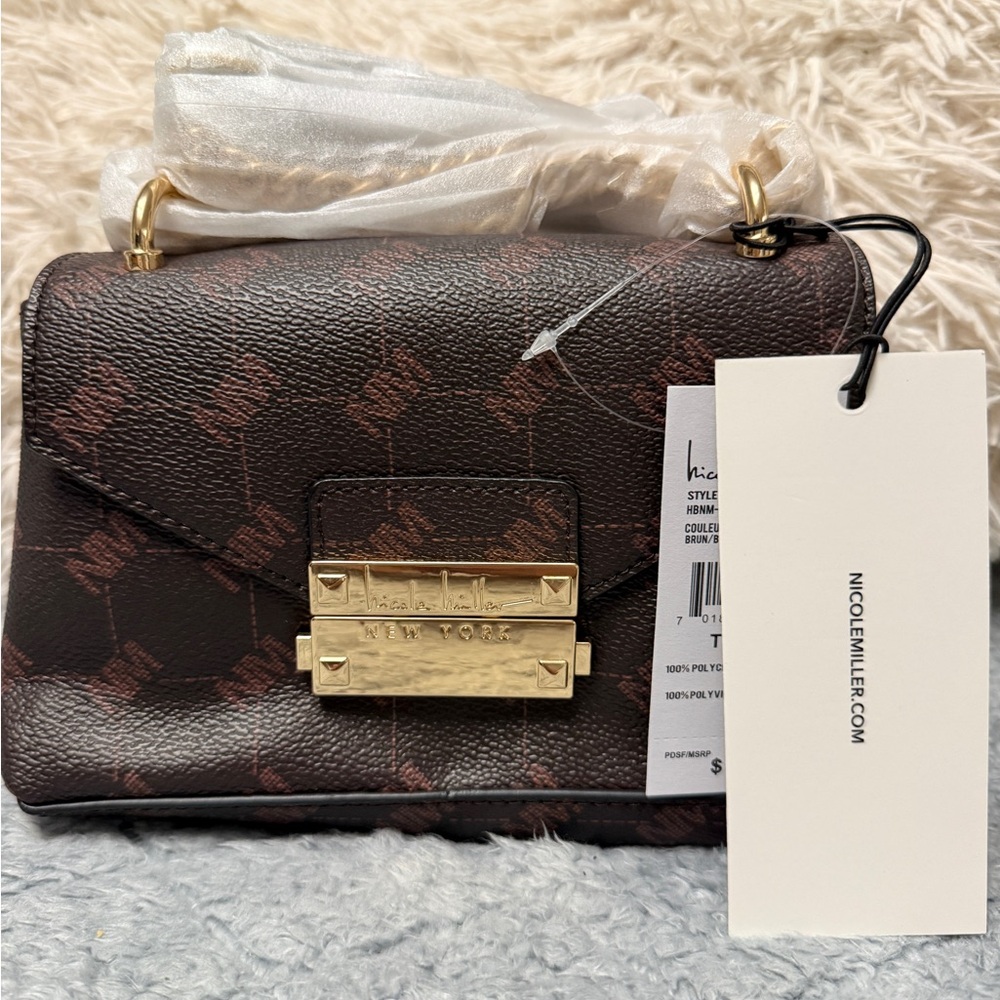 Nicole Miller Dark Brown Crossbody Bag with Gold Accents
